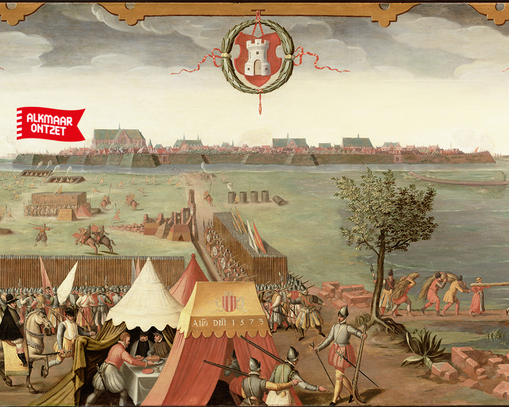Schilderij van het oude Alkmaar tijdens de oorlog tussen Spaanse overheersers
